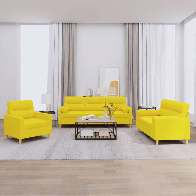 vidaXL 3-tlg. Sofagarnitur mit Kissen Hellgelb Stoff vidaXL 3-tlg. Sofagarnitur mit Kissen Hellgelb Stoff