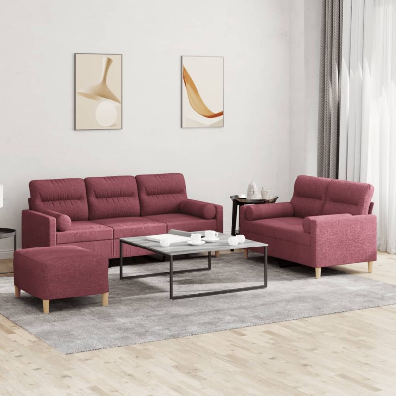 vidaXL 3-tlg. Sofagarnitur mit Kissen Weinrot Stoff vidaXL 3-tlg. Sofagarnitur mit Kissen Weinrot Stoff