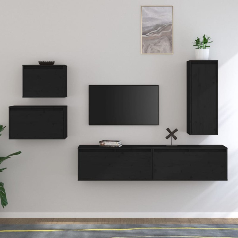 vidaXL TV-Schränke 5 Stk. Schwarz Massivholz Kiefer vidaXL TV-Schränke 5 Stk. Schwarz Massivholz Kiefer