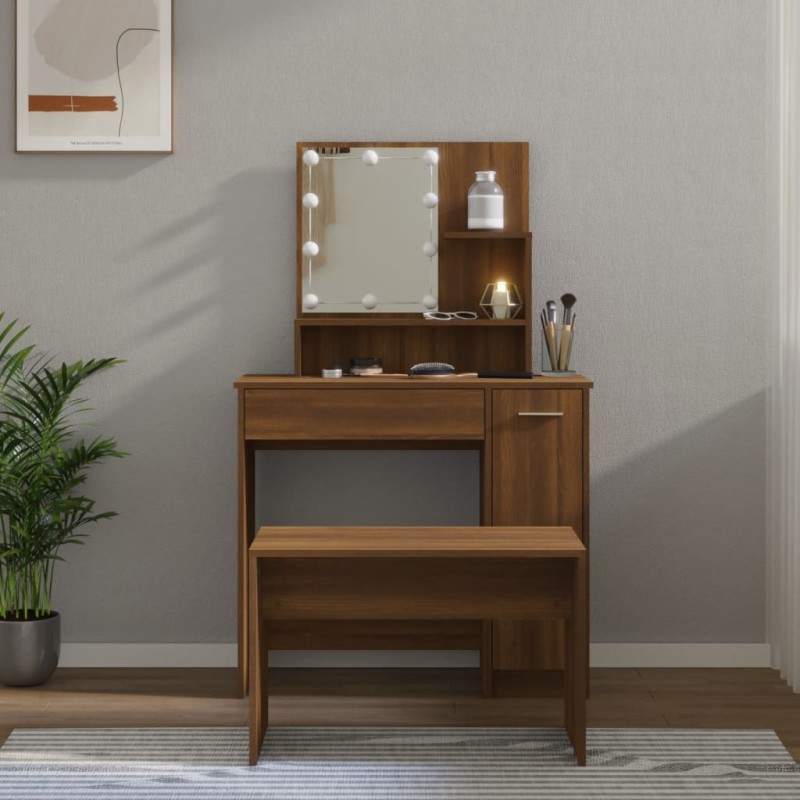 vidaXL Schminktisch-Set mit LED Braun Eichen-Optik Holzwerkstoff vidaXL Schminktisch-Set mit LED Braun Eichen-Optik Holzwerkstoff