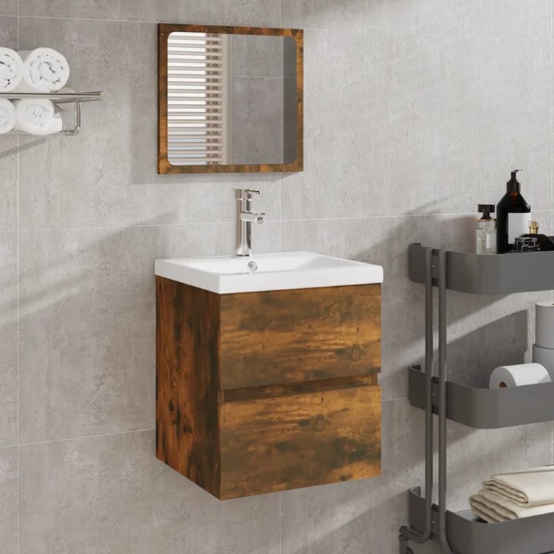 vidaXL Waschbeckenunterschrank mit Waschbecken Spiegel Räuchereiche vidaXL Waschbeckenunterschrank mit Waschbecken Spiegel Räuchereiche