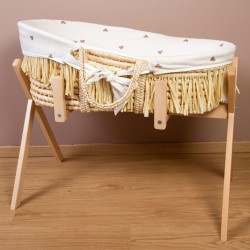 CHILDHOME Moseskorb Raffiabast mit Matratze und Bezug Herzen-Muster