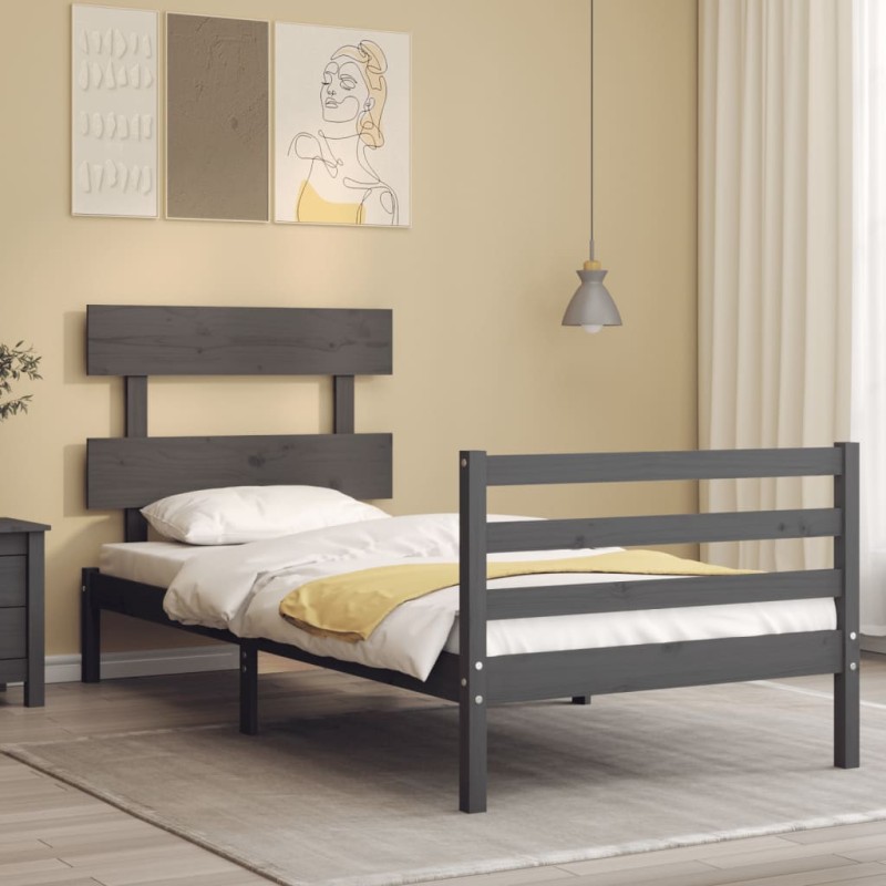 vidaXL Massivholzbett mit Kopfteil Grau 90x200 cm vidaXL Massivholzbett mit Kopfteil Grau 90x200 cm