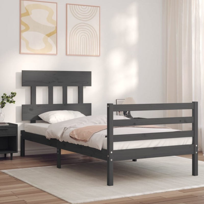 vidaXL Massivholzbett mit Kopfteil Grau 90x200 cm vidaXL Massivholzbett mit Kopfteil Grau 90x200 cm