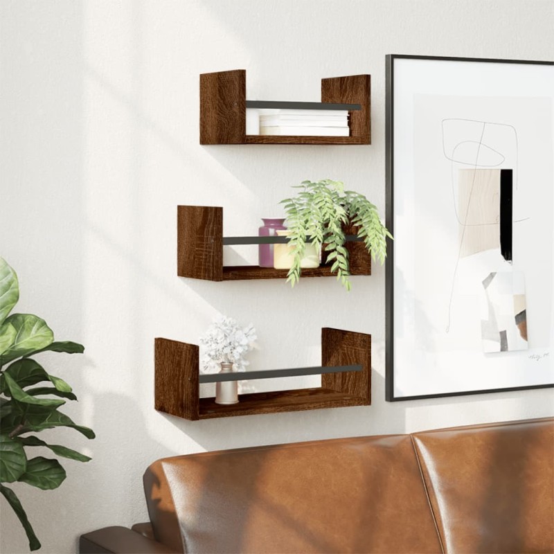 vidaXL 3-tlg. Wandregal-Set mit Stangen Braun Eiche Holzwerkstoff vidaXL 3-tlg. Wandregal-Set mit Stangen Braun Eiche Holzwerkstoff