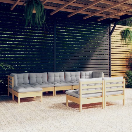 vidaXL 9-tlg. Garten-Lounge-Set mit Grauen Kissen Kiefernholz
