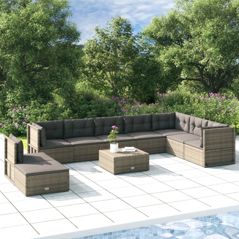 vidaXL 9-tlg. Garten-Lounge-Set mit Kissen Grau Poly Rattan vidaXL 9-tlg. Garten-Lounge-Set mit Kissen Grau Poly Rattan