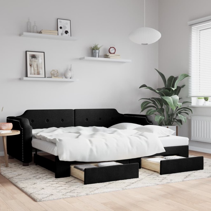 vidaXL Tagesbett Ausziehbar mit Schubladen Schwarz 100x200 cm Stoff vidaXL Tagesbett Ausziehbar mit Schubladen Schwarz 100x200 cm Stoff