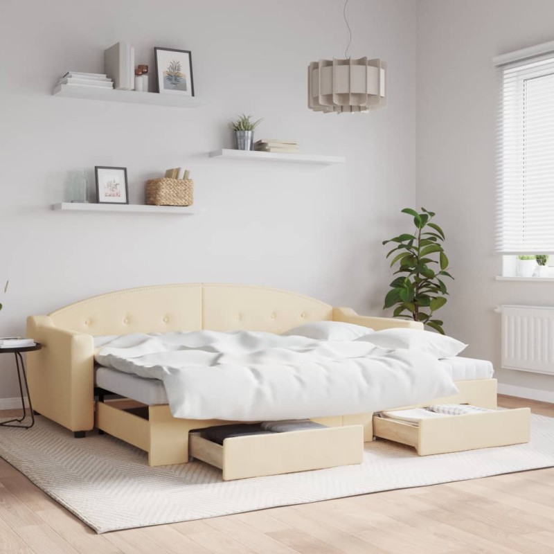 vidaXL Tagesbett Ausziehbar mit Schubladen Creme 80x200 cm Stoff vidaXL Tagesbett Ausziehbar mit Schubladen Creme 80x200 cm Stoff