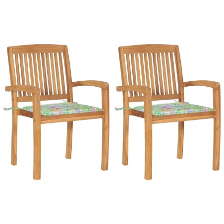 vidaXL Gartenstühle 2 Stk. mit Blattmuster Kissen Massivholz Teak