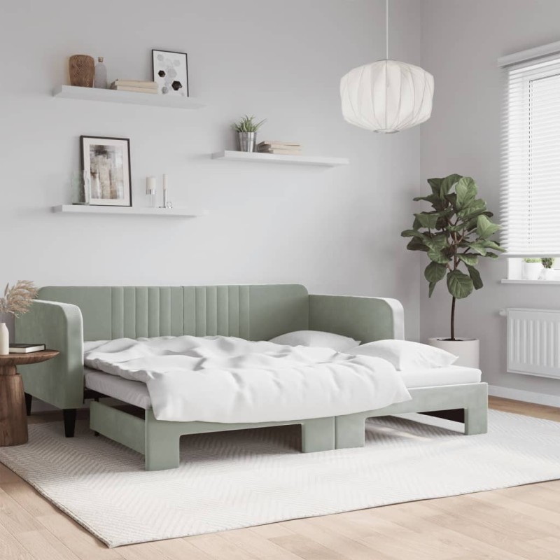 vidaXL Tagesbett Ausziehbar Hellgrau 90x190 cm Samt vidaXL Tagesbett Ausziehbar Hellgrau 90x190 cm Samt