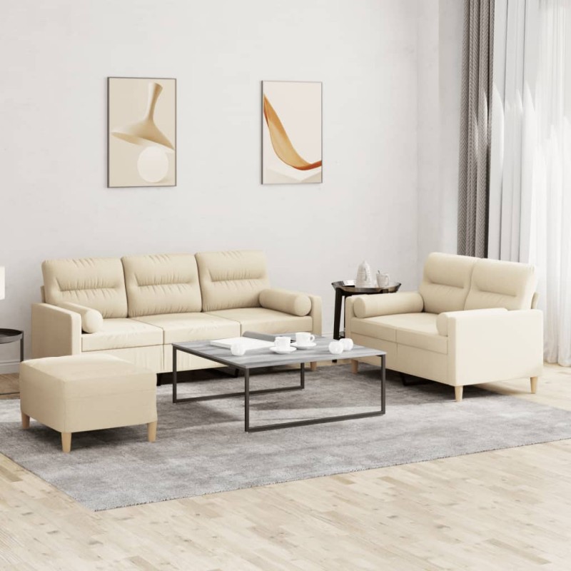 vidaXL 3-tlg. Sofagarnitur mit Kissen Creme Stoff vidaXL 3-tlg. Sofagarnitur mit Kissen Creme Stoff
