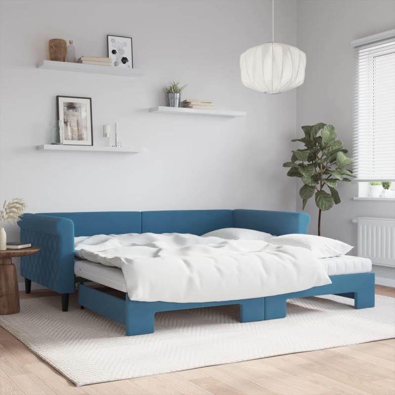vidaXL Tagesbett Ausziehbar mit Matratzen Blau 100x200 cm Samt vidaXL Tagesbett Ausziehbar mit Matratzen Blau 100x200 cm Samt