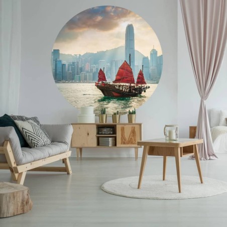 WallArt Fototapete Skyline with Junk Boat Rund 190 cm