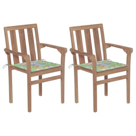 vidaXL Gartenstühle 2 Stk. mit Blattmuster-Kissen Massivholz Teak