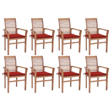 vidaXL Essstühle 8 Stk. mit Roten Kissen Massivholz Teak