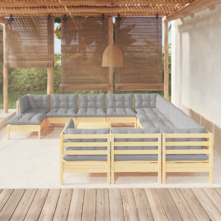 vidaXL 13-tlg. Garten-Lounge-Set mit Grauen Kissen Kiefernholz