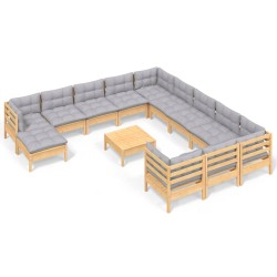 vidaXL 13-tlg. Garten-Lounge-Set mit Grauen Kissen Kiefernholz