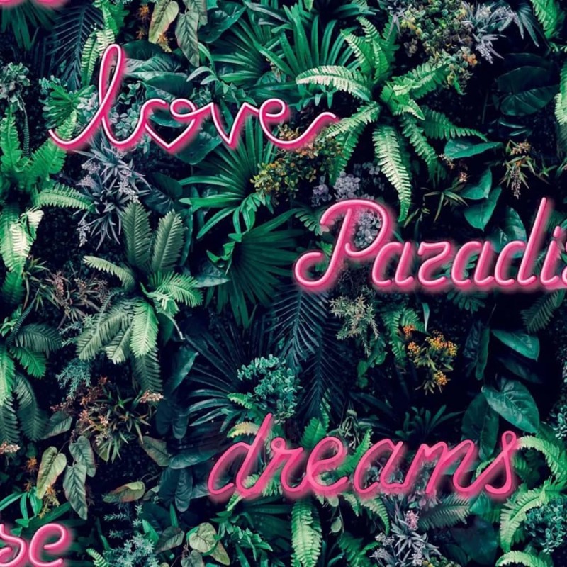 Good Vibes Fototapete Neon Letter with Plants Grün und Rosa Good Vibes Fototapete Neon Letter with Plants Grün und Rosa