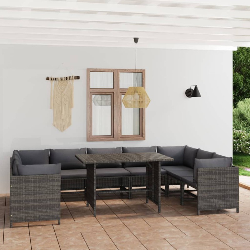 vidaXL 10-tlg. Garten-Lounge-Set mit Kissen Poly Rattan Grau vidaXL 10-tlg. Garten-Lounge-Set mit Kissen Poly Rattan Grau