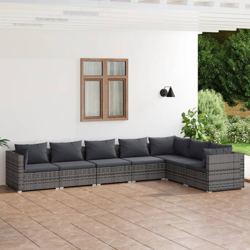 vidaXL 7-tlg. Garten-Lounge-Set mit Kissen Poly Rattan Grau vidaXL 7-tlg. Garten-Lounge-Set mit Kissen Poly Rattan Grau
