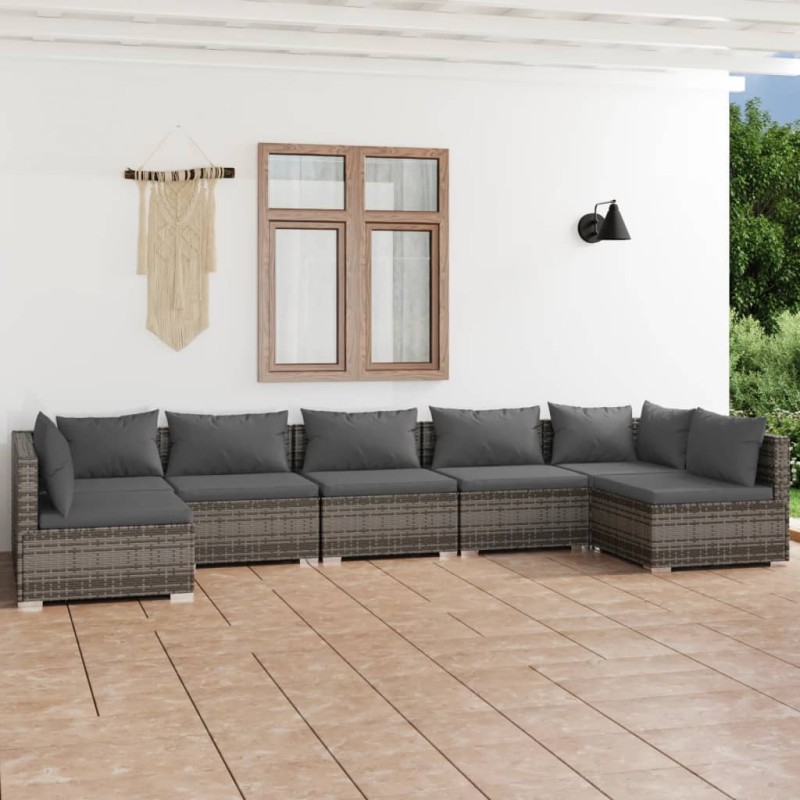 vidaXL 7-tlg. Garten-Lounge-Set mit Kissen Poly Rattan Grau vidaXL 7-tlg. Garten-Lounge-Set mit Kissen Poly Rattan Grau