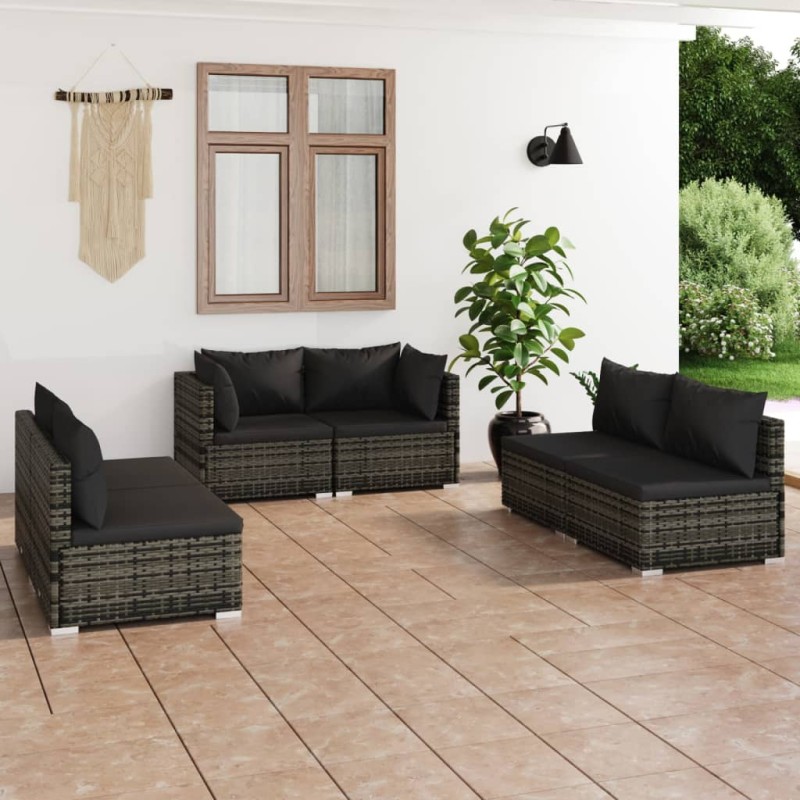 vidaXL 6-tlg. Garten-Lounge-Set mit Kissen Poly Rattan Grau vidaXL 6-tlg. Garten-Lounge-Set mit Kissen Poly Rattan Grau