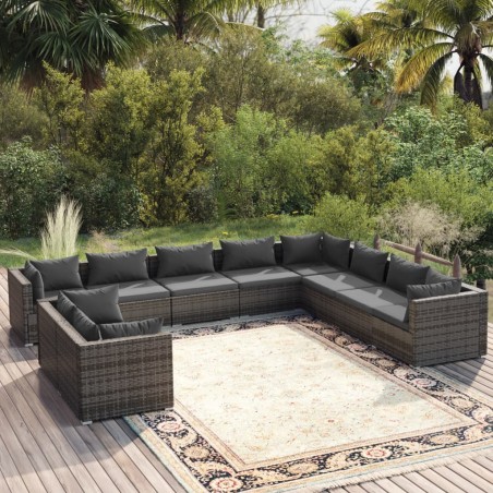 vidaXL 10-tlg. Garten-Lounge-Set mit Kissen Grau Poly Rattan