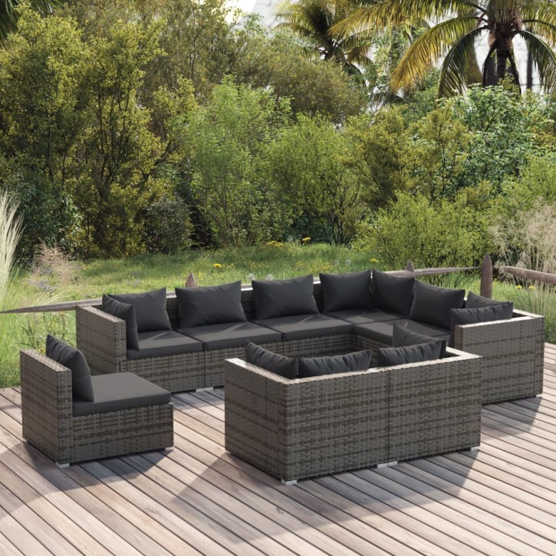 vidaXL 9-tlg. Garten-Lounge-Set mit Kissen Poly Rattan Grau vidaXL 9-tlg. Garten-Lounge-Set mit Kissen Poly Rattan Grau