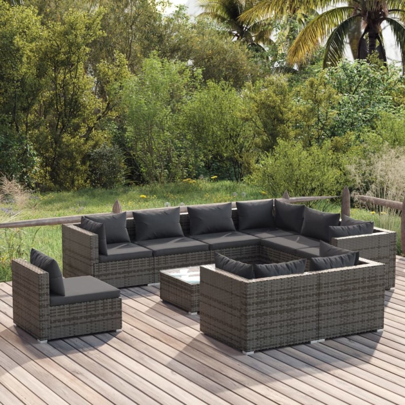vidaXL 10-tlg. Garten-Lounge-Set mit Kissen Poly Rattan Grau vidaXL 10-tlg. Garten-Lounge-Set mit Kissen Poly Rattan Grau