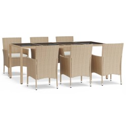 vidaXL 7-tlg. Garten-Essgruppe mit Kissen Beige Poly Rattan