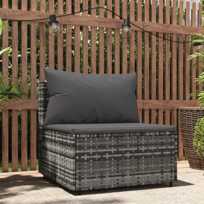 vidaXL Garten-Mittelsofa mit Kissen Grau Poly Rattan vidaXL Garten-Mittelsofa mit Kissen Grau Poly Rattan