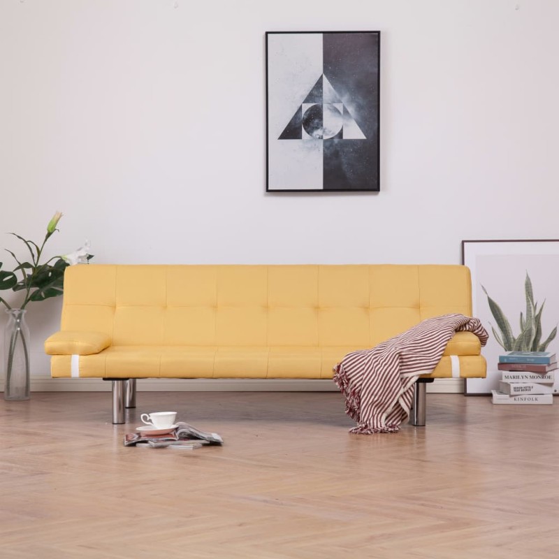 vidaXL Schlafsofa mit zwei Kissen Gelb Polyester vidaXL Schlafsofa mit zwei Kissen Gelb Polyester