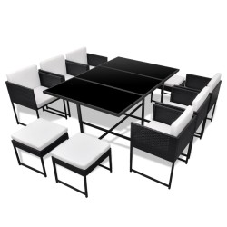 vidaXL 11-tlg. Garten-Essgruppe mit Auflagen Poly Rattan Schwarz